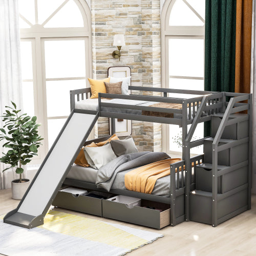 GFD Home - Twin over Full Bunk Bed with Drawers,Storage and Slide, Multifunction, Gray - SM000109AAE - GreatFurnitureDeal
