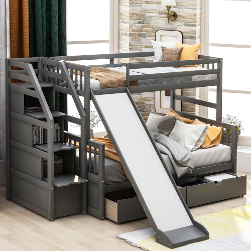 GFD Home - Twin over Full Bunk Bed with Drawers,Storage and Slide, Multifunction, Gray - SM000109AAE