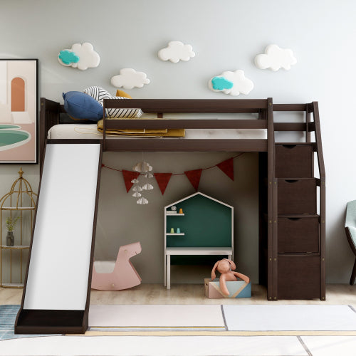 GFD Home - Twin Size Loft Bed with Storage and Slide, Espresso - SM000108AAP - GreatFurnitureDeal
