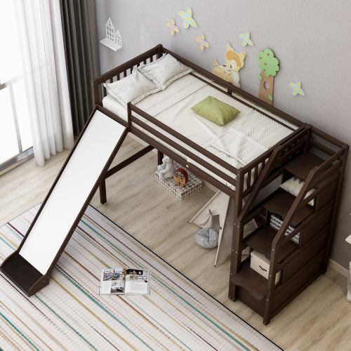 GFD Home - Twin Size Loft Bed with Storage and Slide, Espresso - SM000108AAP