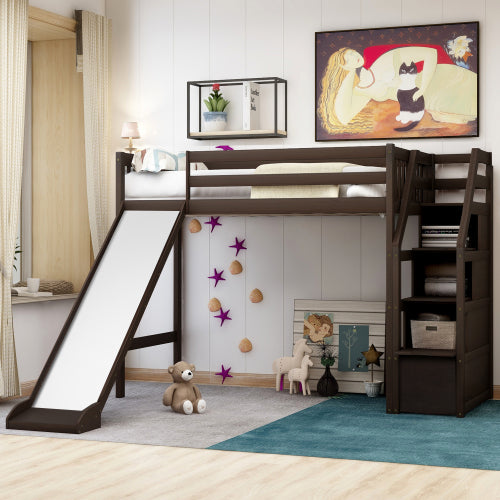 GFD Home - Twin Size Loft Bed with Storage and Slide, Espresso - SM000108AAP