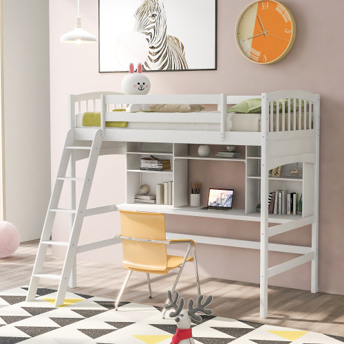 GFD Home - Twin size Loft Bed with Storage Shelves, Desk and Ladder, White - LP000140KAA - GreatFurnitureDeal