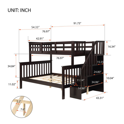 GFD Home - Twin-Over-Twin Bunk Bed with Storage and Guard Rail for Bedroom, Dorm, for Kids, Adults, Espresso - LP000019AAP - GreatFurnitureDeal