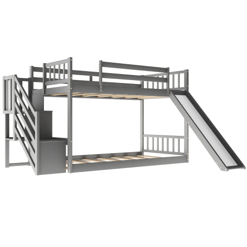 GFD Home - Twin Over Twin Bunk Bed with Convertible Slide and Stairway, Gray - SM000207AAE