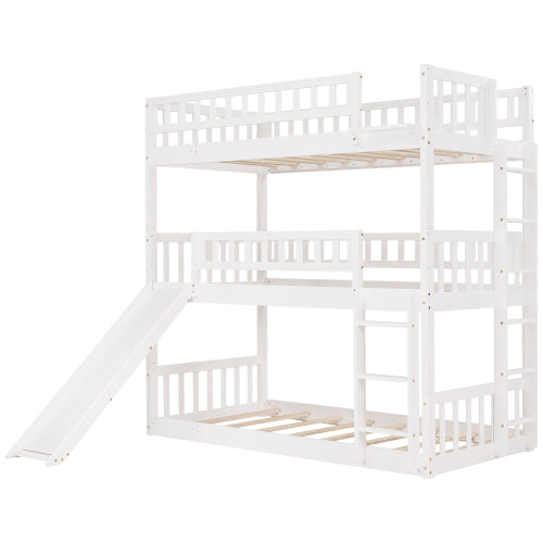 GFD Home - Twin-Over-Twin-Over-Twin Triple Bed with Built-in Ladder and Slide for Kids, Triple Bunk Bed with Guardrails, White - LP000051AAK