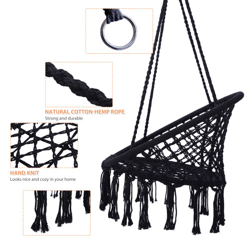 GFD Home - Black Swing，Hammock Chair Macrame Swing，Max 330 Lbs Hanging Cotton Rope Hammock Swing Chair for Indoor and Outdoor - W41928658 - GreatFurnitureDeal