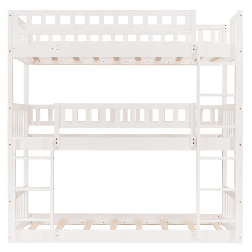GFD Home - Twin-Over-Twin-Over-Twin Triple Bed with Built-in Ladder and Slide for Kids, Triple Bunk Bed with Guardrails, White - LP000051AAK