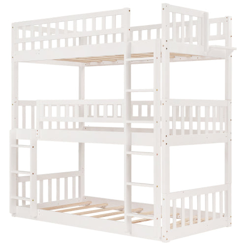 GFD Home - Twin-Over-Twin-Over-Twin Triple Bed with Built-in Ladder and Slide for Kids, Triple Bunk Bed with Guardrails, White - LP000051AAK - GreatFurnitureDeal
