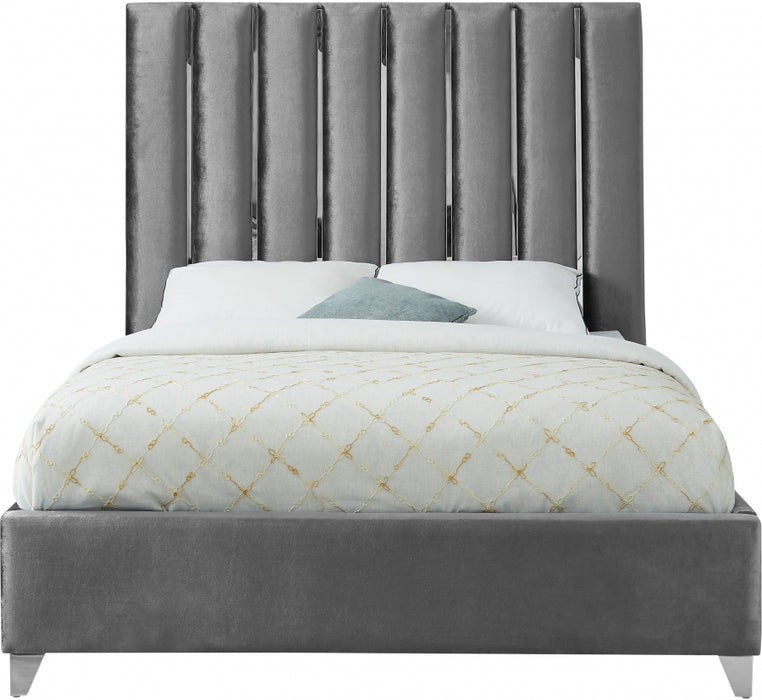 Meridian Furniture - Enzo Velvet Queen Bed in Grey - EnzoGrey-Q - GreatFurnitureDeal