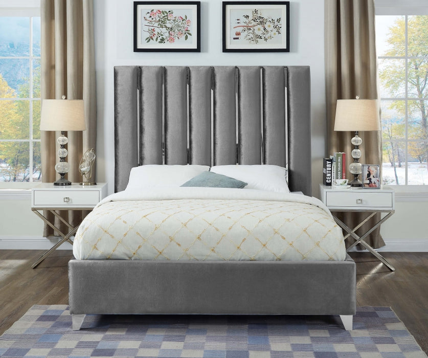 Meridian Furniture - Enzo Velvet Queen Bed in Grey - EnzoGrey-Q - GreatFurnitureDeal