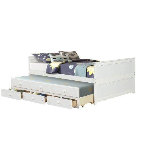 GFD Home - Full Captain Bed With Twin Size Trundle And 3 Drawers Made By Solid Wood in White - W697S00002