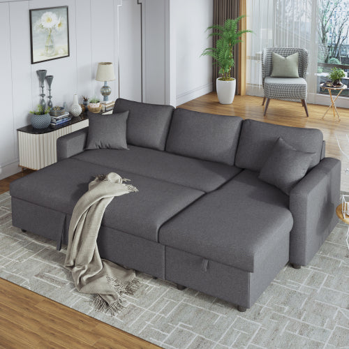 GFD Home - Upholstery Sleeper Sectional Sofa Grey with Storage Space, 2 Tossing Cushions - WY000159EAA