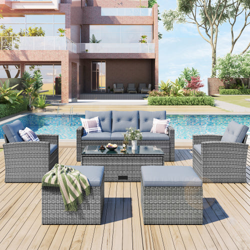 GFD Home - 6-piece All-Weather Wicker PE rattan Patio Outdoor Dining Conversation Sectional Set in Gray - FG201201AAE - GreatFurnitureDeal