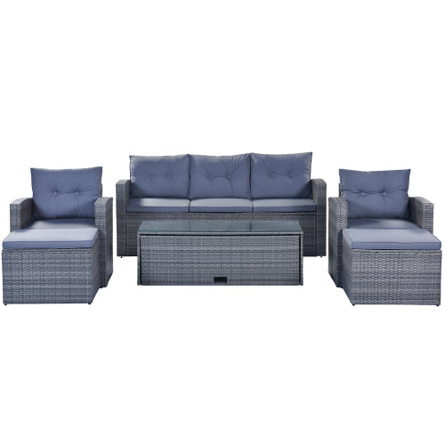 GFD Home - 6-piece All-Weather Wicker PE rattan Patio Outdoor Dining Conversation Sectional Set in Gray - FG201201AAE