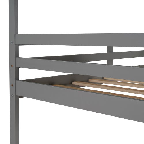 GFD Home - Twin Over Twin Bunk Bed Wood Bed with Roof, Window, Guardrail, Ladder for Kids, Teens, Girls, Boys in Gray - LP000045AAE - GreatFurnitureDeal
