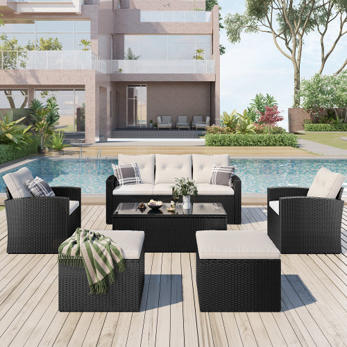 GFD Home - 6-piece All-Weather Wicker PE rattan Patio Outdoor Dining Conversation Sectional Set in Beige - FG201201AAA
