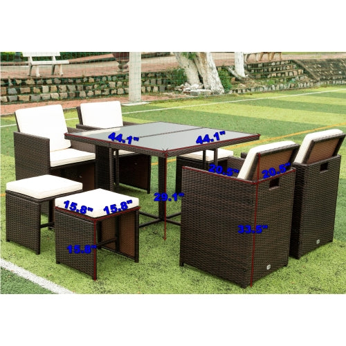 GFD Home - 9 Pieces Patio Dining Sets Outdoor Space Saving Rattan Chairs with Glass Table Patio Furniture Sets - W329S00035