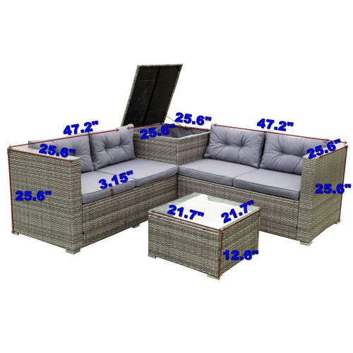 GFD Home - 4 Piece Patio Sectional Wicker Rattan Outdoor Furniture Sofa Set with Storage Box Grey - W329S00032