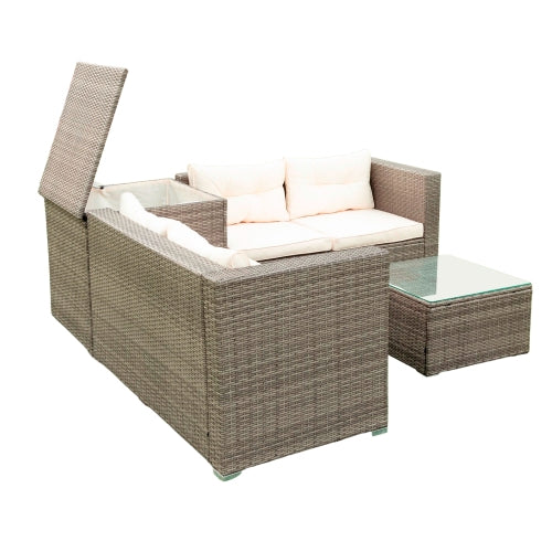 GFD Home - 4 Piece Patio Sectional Wicker Rattan Outdoor Furniture Sofa Set with Storage Box - Creme - W329S00033