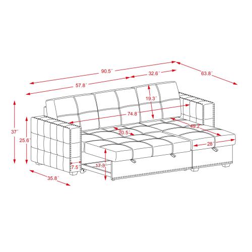 GFD Home - Sectional sofa with pulled out bed, 2 seats sofa and reversible chaise with storage in Black - W487S00008