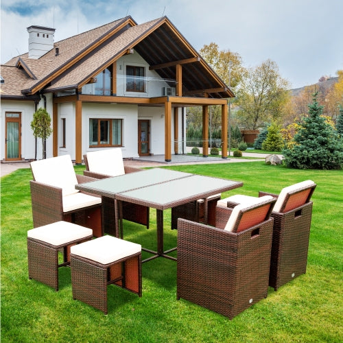 GFD Home - 9 Pieces Patio Dining Sets Outdoor Space Saving Rattan Chairs with Glass Table Patio Furniture Sets - W329S00035