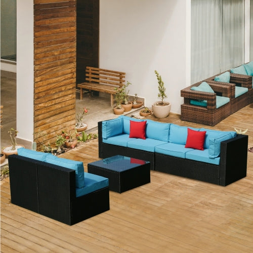 GFD Home - 5 Pieces PE Rattan sectional Outdoor Furniture Cushioned U Sofa set with 2 Pillow - W329S00034