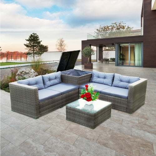 GFD Home - 4 Piece Patio Sectional Wicker Rattan Outdoor Furniture Sofa Set with Storage Box Grey - W329S00032 - GreatFurnitureDeal