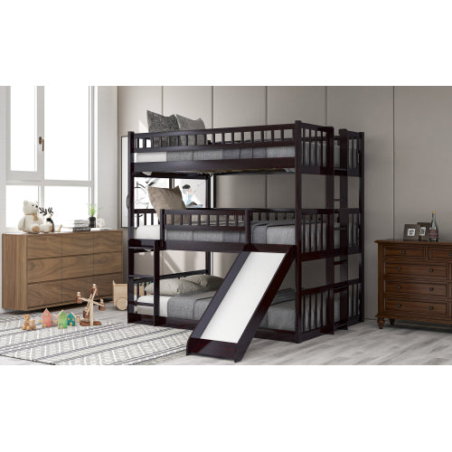 GFD Home - Full-Over-Full-Over-Full Triple Bed with Built-in Ladder and Slide , Triple Bunk Bed with Guardrails, Espresso - LP000052AAP - GreatFurnitureDeal