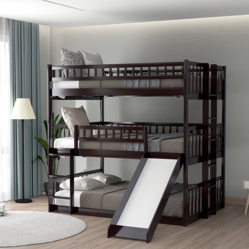 GFD Home - Full-Over-Full-Over-Full Triple Bed with Built-in Ladder and Slide , Triple Bunk Bed with Guardrails, Espresso - LP000052AAP - GreatFurnitureDeal