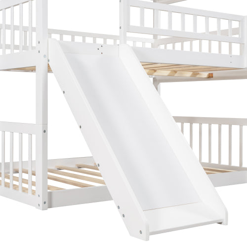 GFD Home - Full-Over-Full-Over-Full Triple Bed with Built-in Ladder and Slide , Triple Bunk Bed with Guardrails, White - LP000052AAK - GreatFurnitureDeal