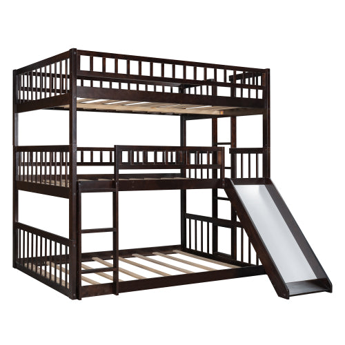 GFD Home - Full-Over-Full-Over-Full Triple Bed with Built-in Ladder and Slide , Triple Bunk Bed with Guardrails, Espresso - LP000052AAP