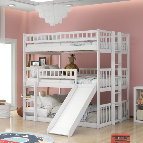 GFD Home - Full-Over-Full-Over-Full Triple Bed with Built-in Ladder and Slide , Triple Bunk Bed with Guardrails, White - LP000052AAK