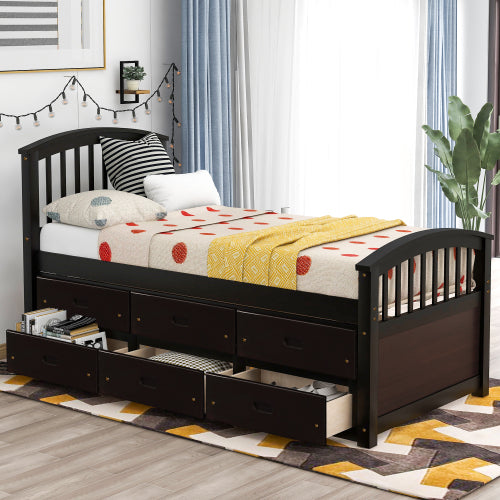 GFD Home - Twin Size Platform Storage Bed Solid Wood Bed with 6 Drawers - SG000115DAA