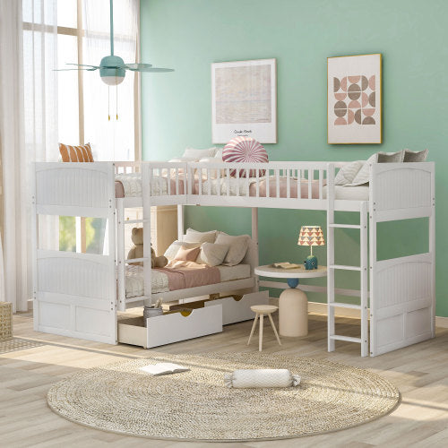 GFD Home - Twin Size Bunk Bed with a Loft Bed attached, with Two Drawers in White - SM000232AAK
