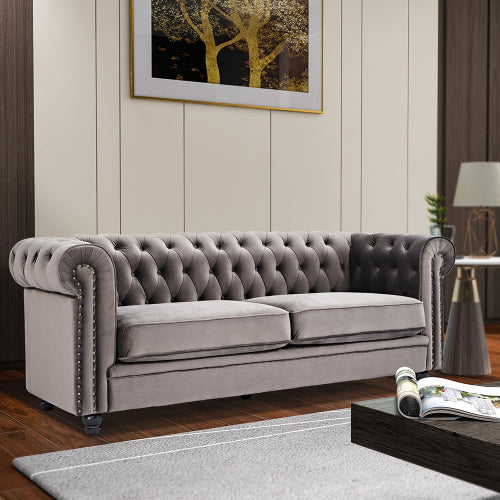 GFD Home - Classic Sofa Loveseat Velvet Solid Wood Oak Feet in Gray - W30223197