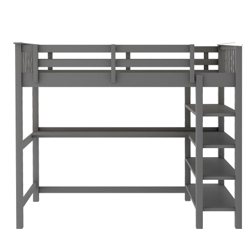 GFD Home - Rubber Wooden Twin Size Loft Bed with Storage Shelves and Under-bed Desk, Gray - SM000245AAE - GreatFurnitureDeal