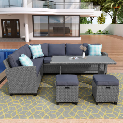 GFD Home - Patio Furniture Set, 5 Piece Outdoor Conversation Set All Weather Wicker Sectional Sofa Couch Dining Table Chair with Ottoman and Throw Pillows - WY000076EAA - GreatFurnitureDeal