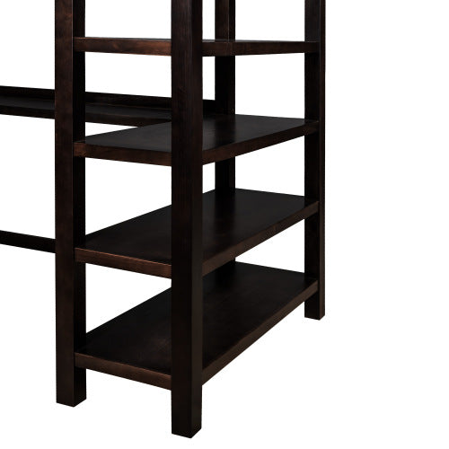 GFD Home - Rubber Wooden Full Size Loft Bed with Storage Shelves and Under-bed Desk, Espresso - SM000246AAP