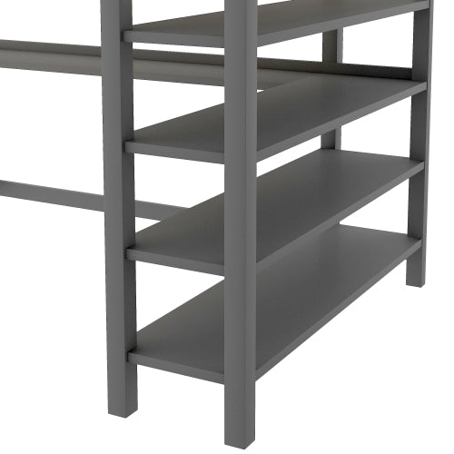 GFD Home - Rubber Wooden Full Size Loft Bed with Storage Shelves and Under-bed Desk, Gray - SM000246AAE