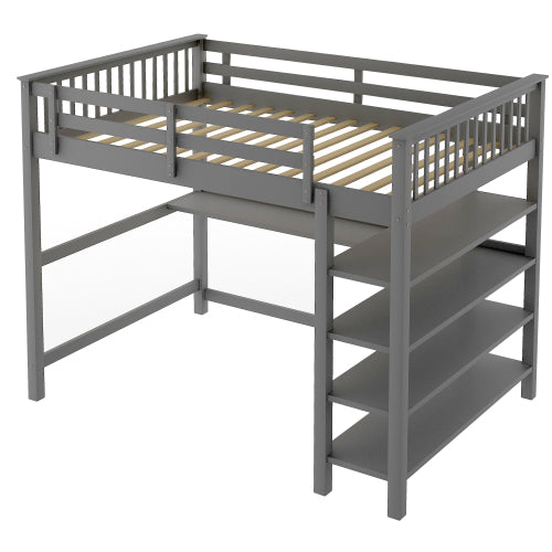GFD Home - Rubber Wooden Full Size Loft Bed with Storage Shelves and Under-bed Desk, Gray - SM000246AAE