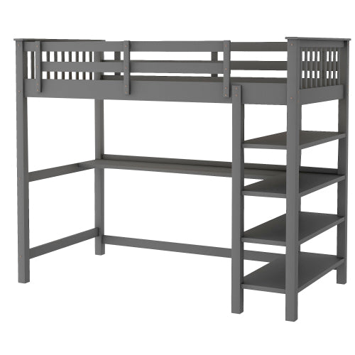 GFD Home - Rubber Wooden Twin Size Loft Bed with Storage Shelves and Under-bed Desk, Gray - SM000245AAE