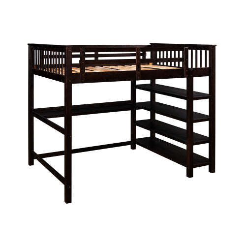 GFD Home - Rubber Wooden Full Size Loft Bed with Storage Shelves and Under-bed Desk, Espresso - SM000246AAP - GreatFurnitureDeal