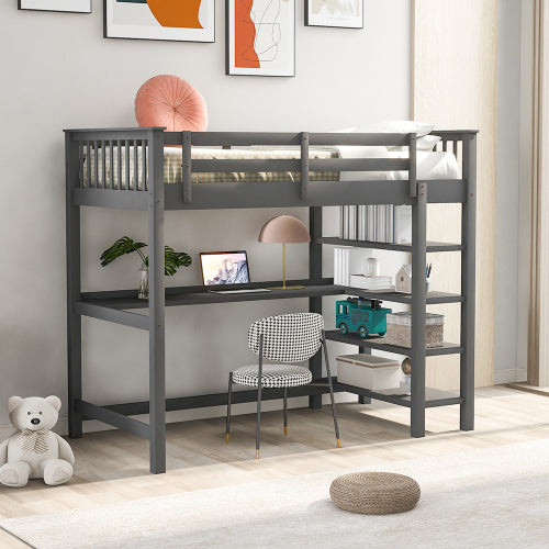 GFD Home - Rubber Wooden Twin Size Loft Bed with Storage Shelves and Under-bed Desk, Gray - SM000245AAE
