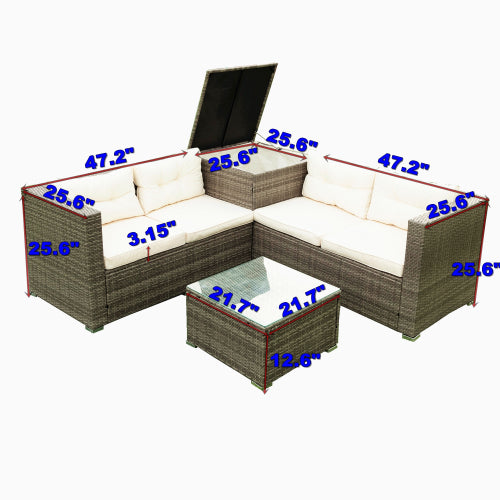 GFD Home - 4 Piece Patio Sectional Wicker Rattan Outdoor Furniture Sofa Set with Storage Box - Creme - W329S00033 - GreatFurnitureDeal