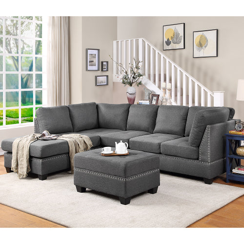 GFD Home - Reversible Sectional Sofa Space Saving with Storage Ottoman Rivet Ornament L-shape Couch in Gray - SG000405AAA