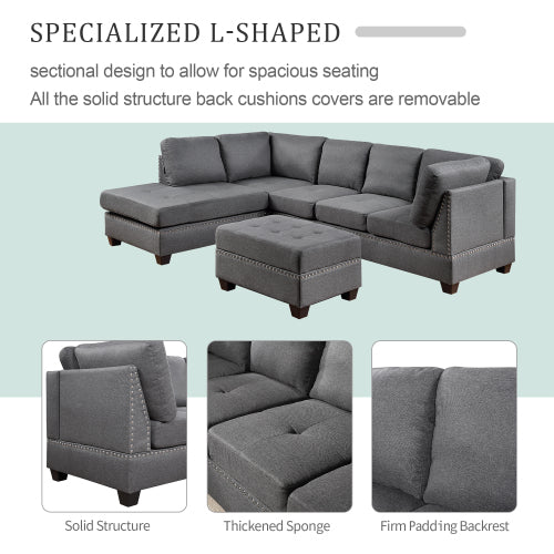 GFD Home - Reversible Sectional Sofa Space Saving with Storage Ottoman Rivet Ornament L-shape Couch in Gray - SG000405AAA - GreatFurnitureDeal