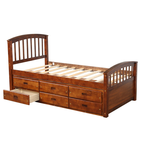 GFD Home - Twin Size Platform Storage Bed Solid Wood Bed with 6 Drawers in Walnut - SG000119AAP
