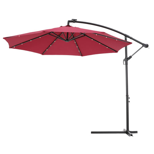 GFD Home - 10 FT Solar LED Patio Outdoor Umbrella Hanging Cantilever Umbrella Offset Umbrella Easy Open Adustment with 24 LED Lights - Burgundy - W41917532 - GreatFurnitureDeal