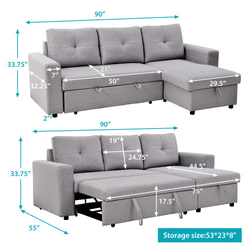 GFD Home - 90" Reversible Pull out Sleeper L-Shaped Sectional Storage Sofa Bed,Corner sofa-bed with Storage Chaise Left-Right Handed in Gray - GS000056AAE