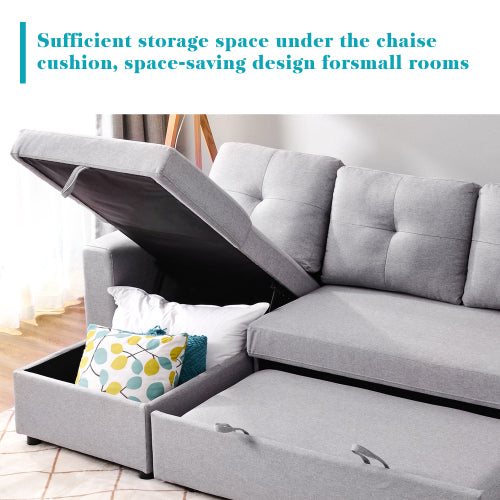 GFD Home - 90" Reversible Pull out Sleeper L-Shaped Sectional Storage Sofa Bed,Corner sofa-bed with Storage Chaise Left-Right Handed in Gray - GS000056AAE